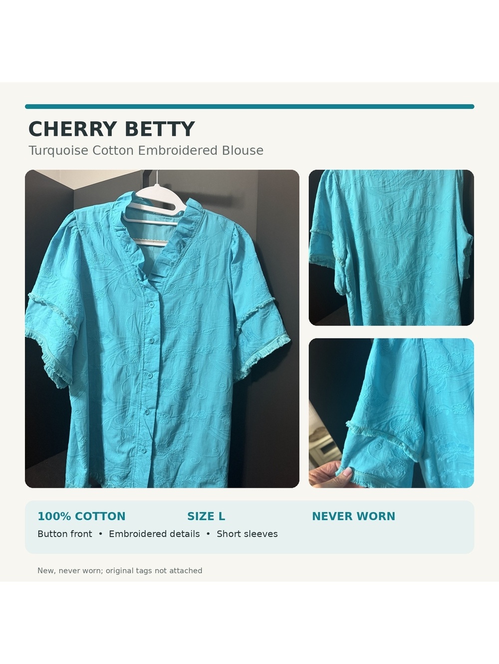 Cherry Betty Turquoise Embroidered Cotton Blouse Size L